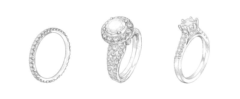 drawings of vintage style engagement rings on a white background