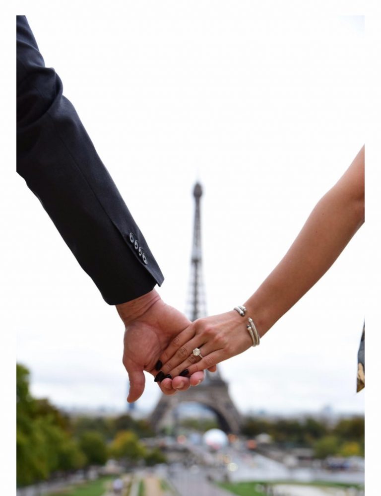 Image of Paris engagement photo with a Mark's Diamonds engagement ring