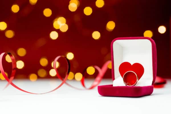 fine diamond jewelry, ring in the red heart box with ribbon