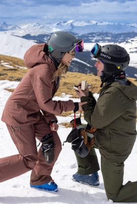 Nate proposes to Samantha on top of Breckenridge Ski Resort with a stunning diamond ring from Mark’s Diamonds, creating an unforgettable mountain top engagement.